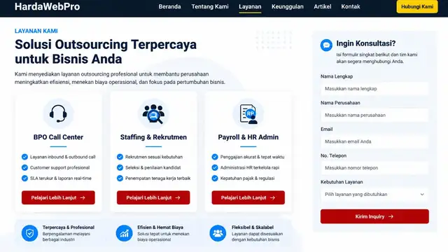 contoh halaman layanan web compro perusahaan outsourcing BPO staffing dan payroll Indonesia