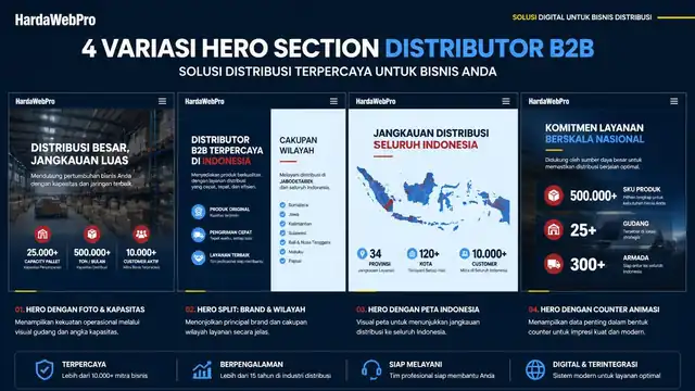 empat contoh tampilan hero section web compro perusahaan distributor Indonesia empat contoh tampilan hero section web compro perusahaan distributor Indonesia