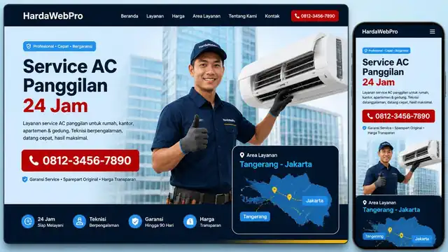 contoh web profesional untuk menawarkan jasa service AC panggilan dengan tombol telepon dan area layanan