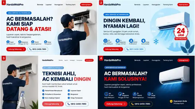 empat variasi desain hero section contoh web profesional jasa service AC panggilan