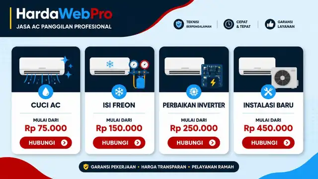 contoh desain service card web profesional jasa service AC panggilan dengan estimasi harga