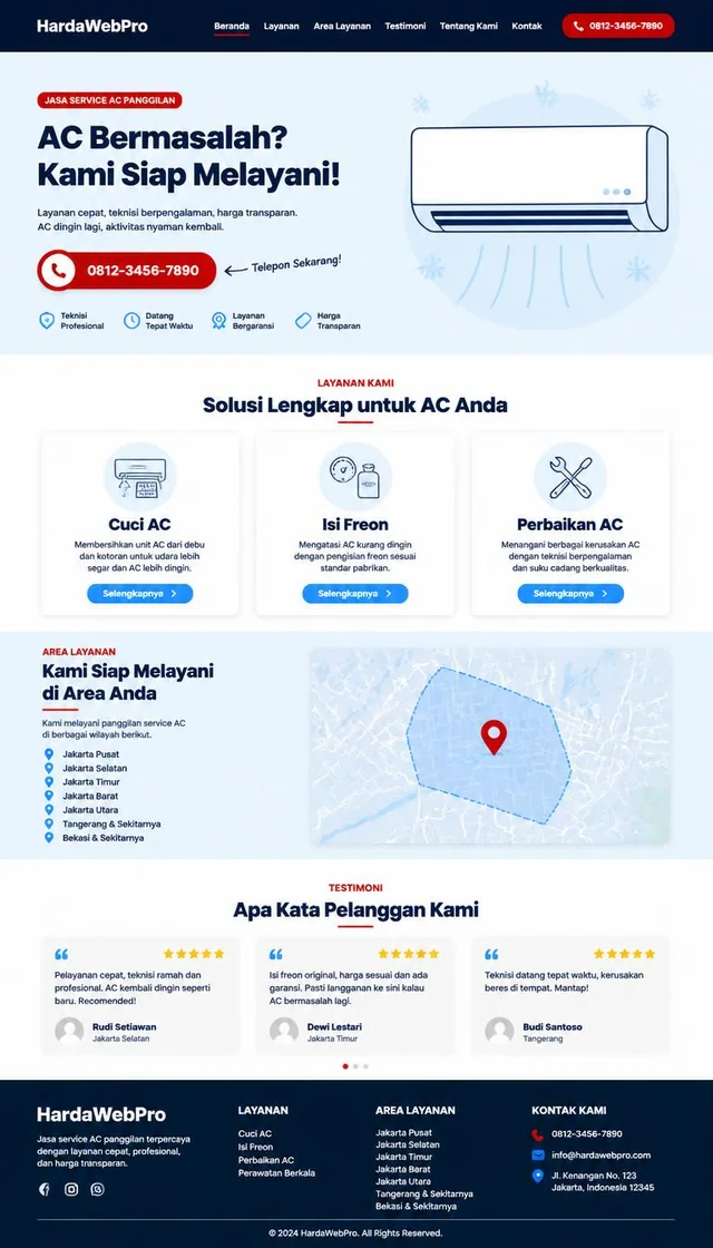 struktur halaman lengkap contoh web profesional jasa service AC panggilan dari header ke footer