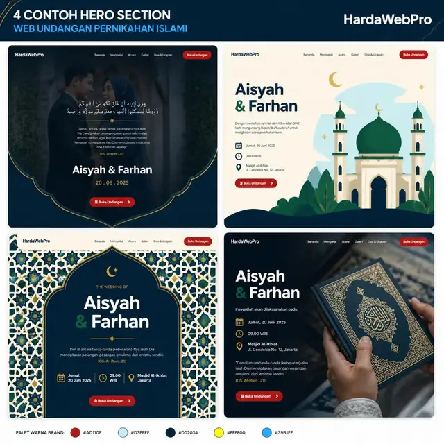 empat contoh desain hero section website undangan pernikahan tema islami