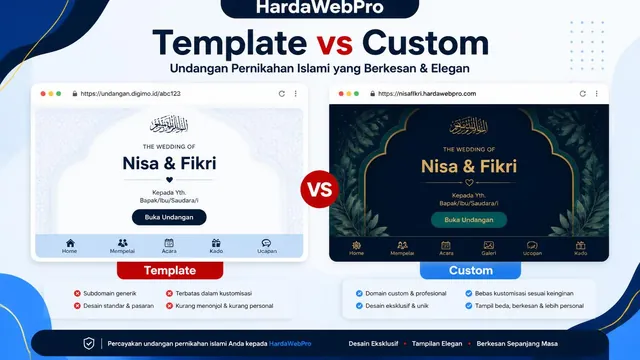 perbandingan template dan custom web undangan pernikahan tema islami