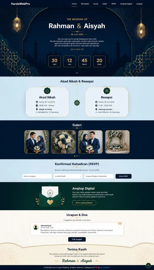 mockup full page web undangan pernikahan tema islami dari header hingga footer