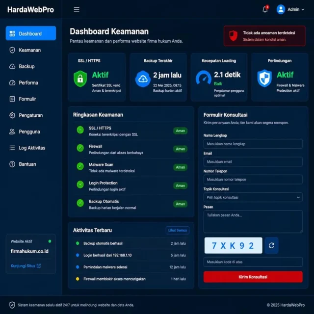 panel keamanan website firma hukum dengan SSL aktif backup rutin dan formulir konsultasi panel keamanan website firma hukum dengan SSL aktif backup rutin dan formulir konsultasi