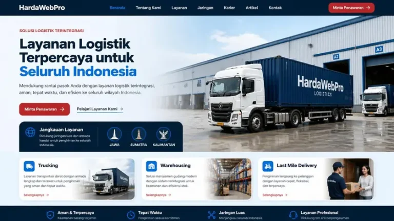 mockup homepage website company profile logistik ekspedisi dengan armada truk dan area layanan Indonesia mockup homepage website company profile logistik ekspedisi dengan armada truk dan area layanan Indonesia