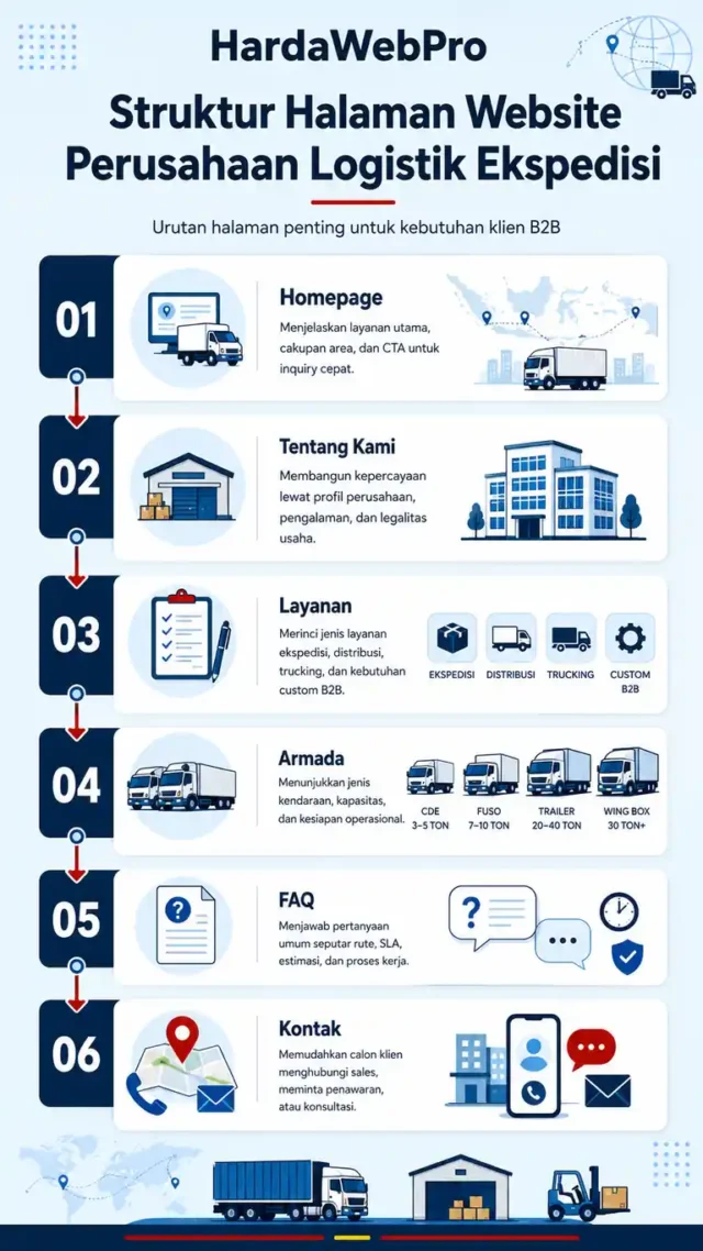 infografis struktur halaman website perusahaan logistik ekspedisi untuk klien B2B Indonesia infografis struktur halaman website perusahaan logistik ekspedisi untuk klien B2B Indonesia