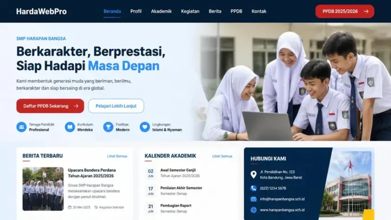 contoh tampilan hero website sekolah modern Indonesia dengan tombol PPDB dan navigasi rapi