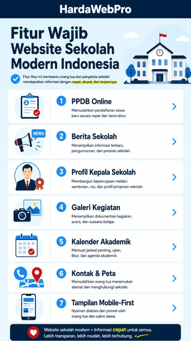 infografis fitur website sekolah modern untuk PPDB profil berita dan kontak sekolah