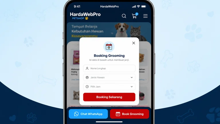 CTA booking grooming sederhana pada contoh desain website petshop gen-z