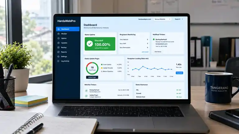 dashboard monitoring jasa maintenance website perusahaan di Tangerang dengan status uptime dan backup