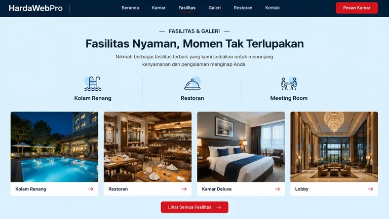 section fasilitas dan galeri pada desain website hotel profesional Indonesia section fasilitas dan galeri pada desain website hotel profesional Indonesia