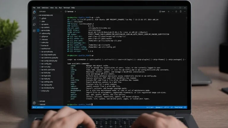 terminal laptop menampilkan perintah wp-cli dan info WordPress di layar developer