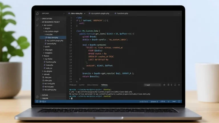 tampilan kode apa itu wpdb di editor PHP WordPress pada laptop developer