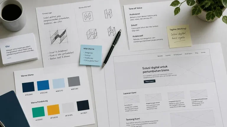 papan strategi branding perusahaan dengan sketsa logo warna dan wireframe website papan strategi branding perusahaan dengan sketsa logo warna dan wireframe website
