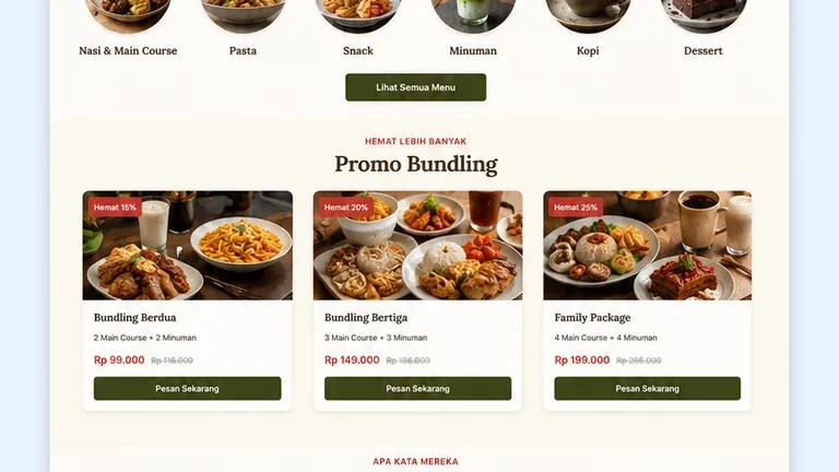 homepage web pesan makanan online untuk cafe lokal dengan menu unggulan dan tombol order