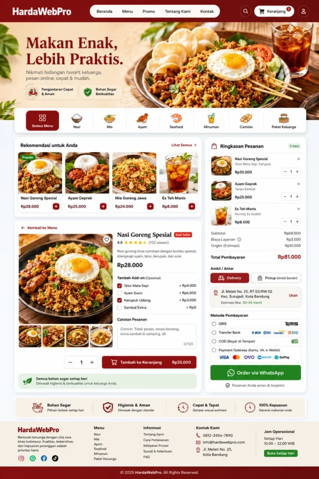 fitur checkout web pesan makanan online dengan payment gateway dan order via whatsapp