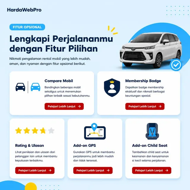 fitur opsional desain ui ux website rental mobil compare rating membership