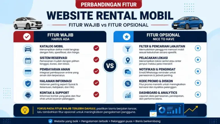 infografis perbandingan fitur wajib dan opsional website jasa rental mobil