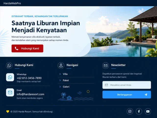 footer dan CTA penutup tampilan desain website perusahaan resort HardaWebPro footer dan CTA penutup tampilan desain website perusahaan resort HardaWebPro