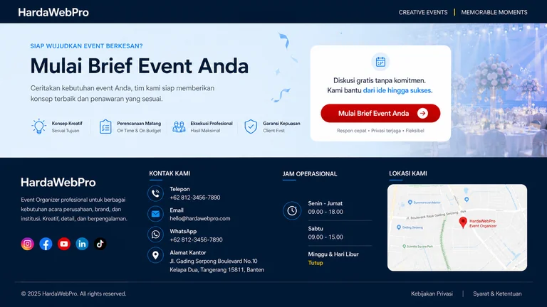 footer dan CTA penutup desain web compro perusahaan event organizer HardaWebPro footer dan CTA penutup desain web compro perusahaan event organizer HardaWebPro