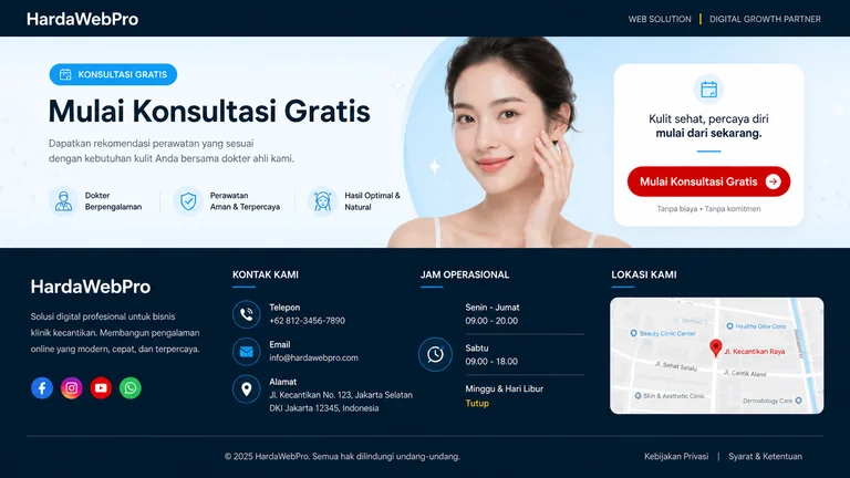 footer dan CTA penutup desain web klinik kecantikan profesional HardaWebPro