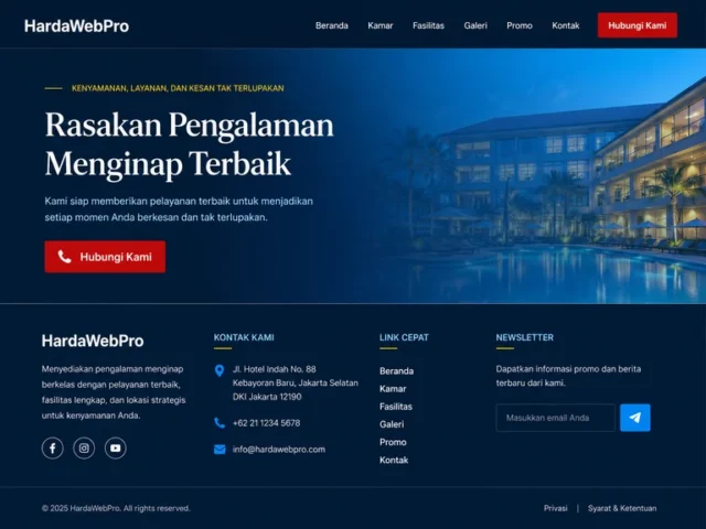 footer dan CTA penutup desain tampilan website hotel profesional HardaWebPro footer dan CTA penutup desain tampilan website hotel profesional HardaWebPro