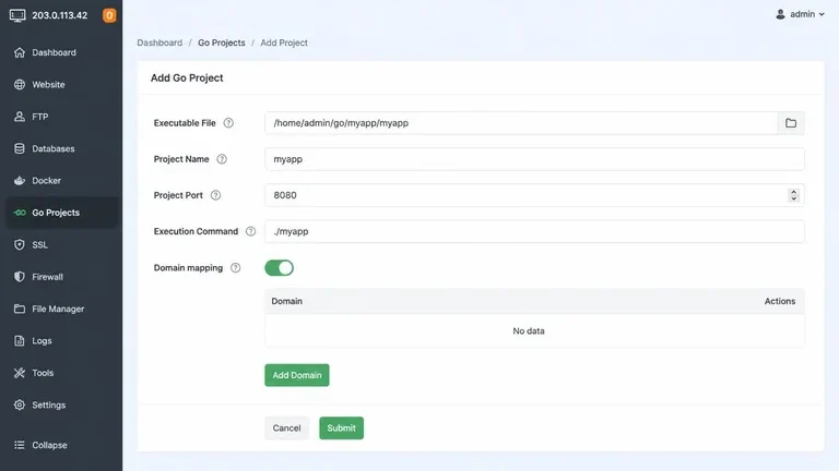 form go project di panel hosting untuk aplikasi go dengan port dan perintah eksekusi