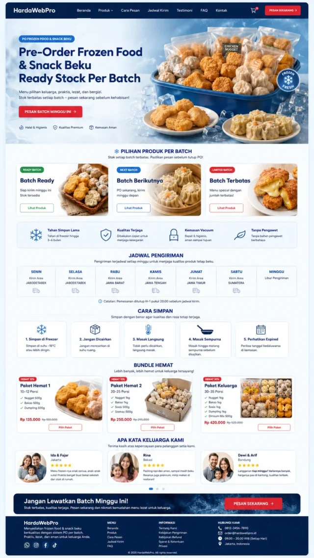 fitur website PO order frozen food dengan jadwal kirim dan informasi penyimpanan