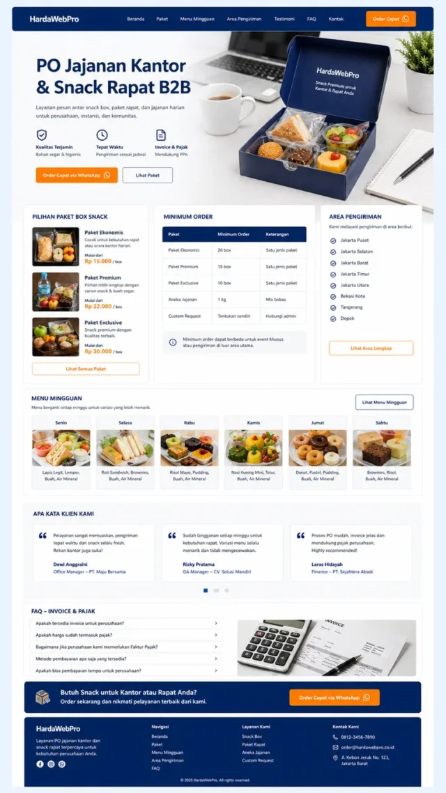 fitur website PO order jajanan kantor dengan minimum order dan area pengiriman