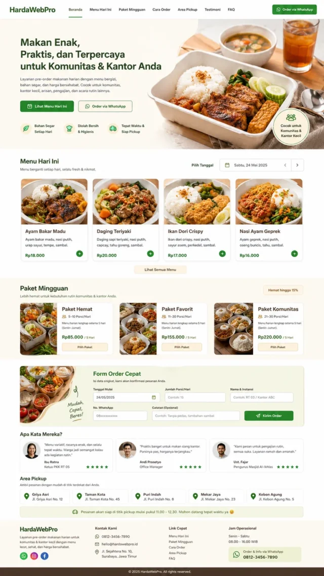 fitur website PO order makanan harian dengan menu tanggalan dan form order cepat
