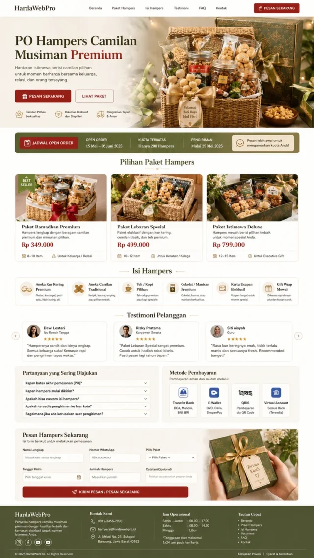 fitur website PO order snack hampers dengan katalog paket dan form pemesanan