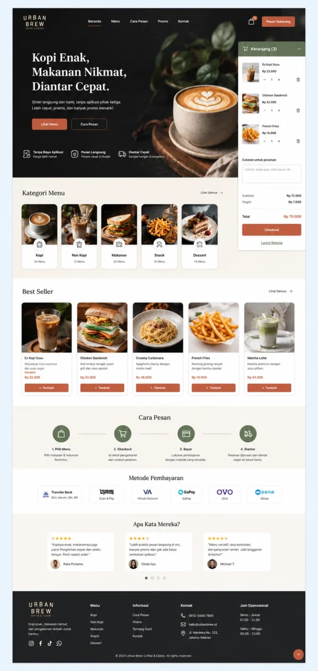 contoh full page web pesan makanan online untuk cafe dengan sticky cart dan kategori menu