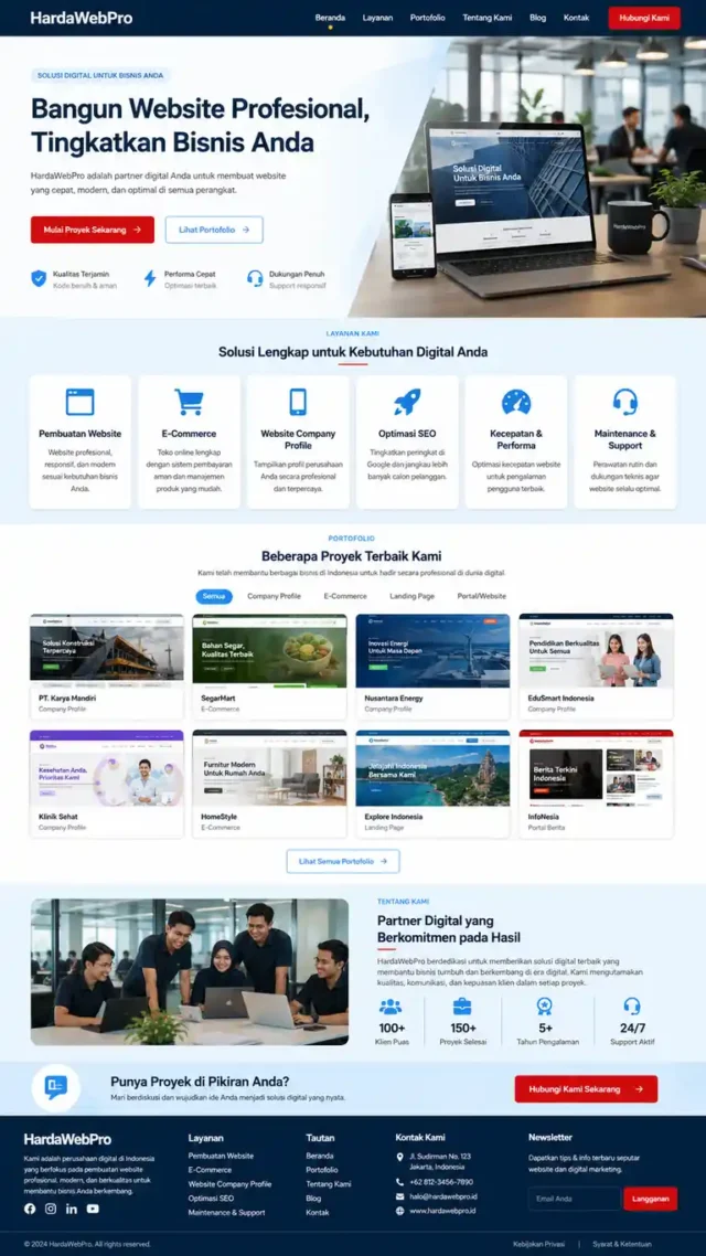 full page website compro desain modern stack Next.js React perusahaan Indonesia