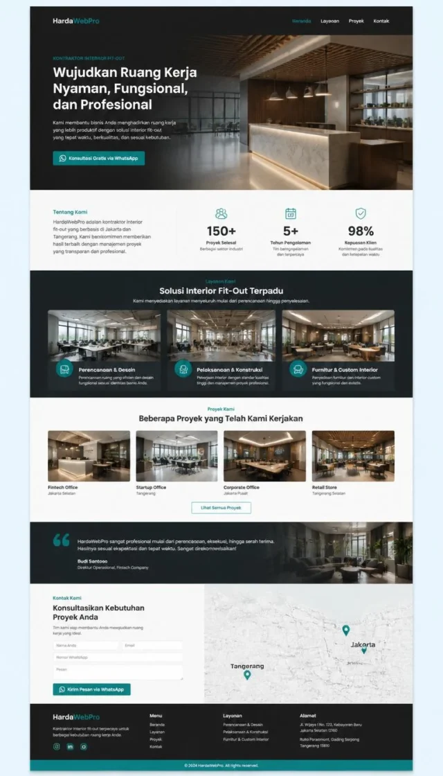 struktur full page website company profile landing page satu halaman header ke footer