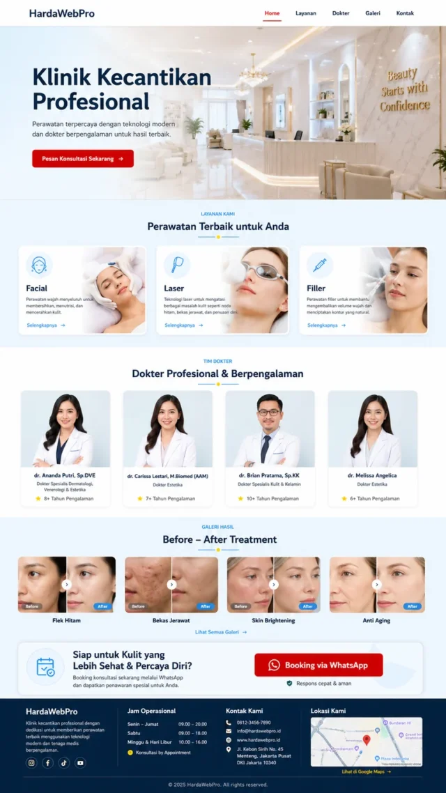 contoh full page desain web klinik kecantikan dari header hingga footer dengan section layanan dan booking