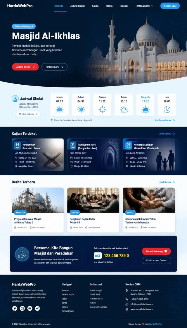 contoh full page desain website masjid dari header sampai footer
