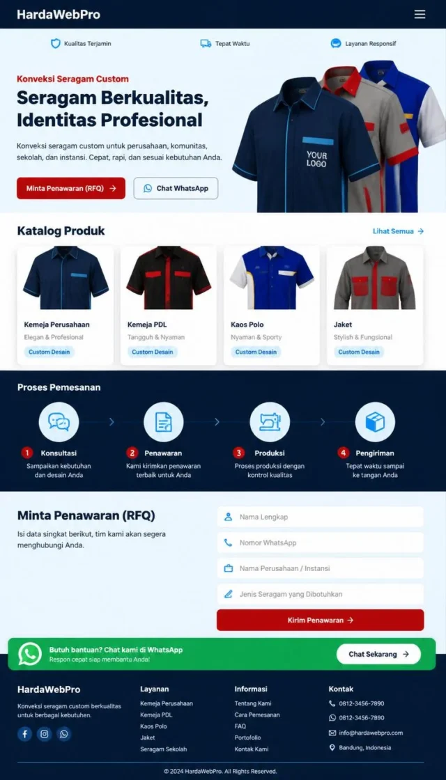 full page desain website UMKM konveksi seragam custom yang ringan untuk mobile full page desain website UMKM konveksi seragam custom yang ringan untuk mobile