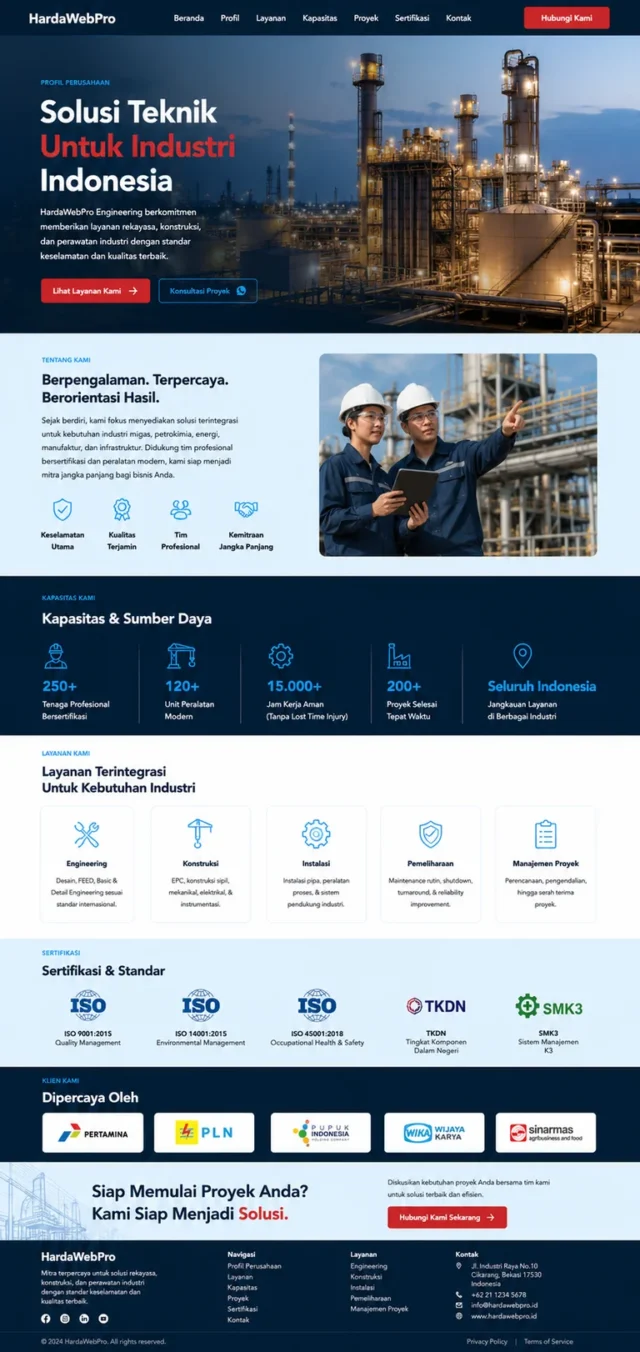 full page contoh website profil perusahaan industrial operasional