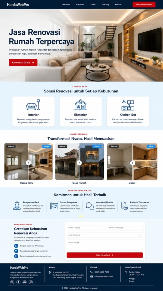 contoh full page desain web company profile jasa renovasi rumah dari header hingga footer