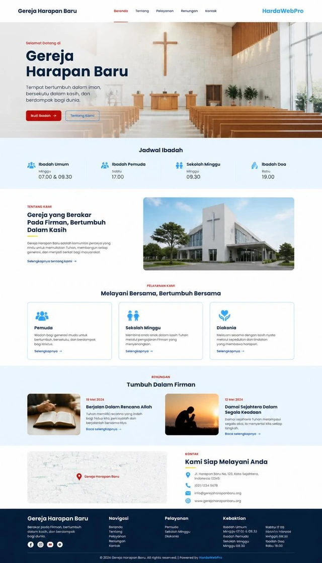 mockup full page contoh desain website gereja modern minimalis clean dari header sampai footer
