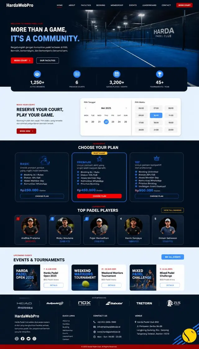 full page contoh desain website klub padel dari header sampai footer dengan section ranking