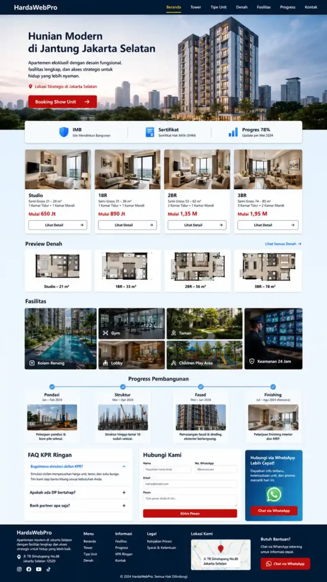 mockup full page desain website penjualan apartemen developer tower Indonesia dari header sampai footer