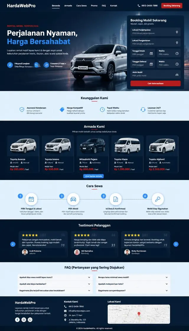 contoh desain ui ux website rental mobil tampilan full page dari header sampai footer