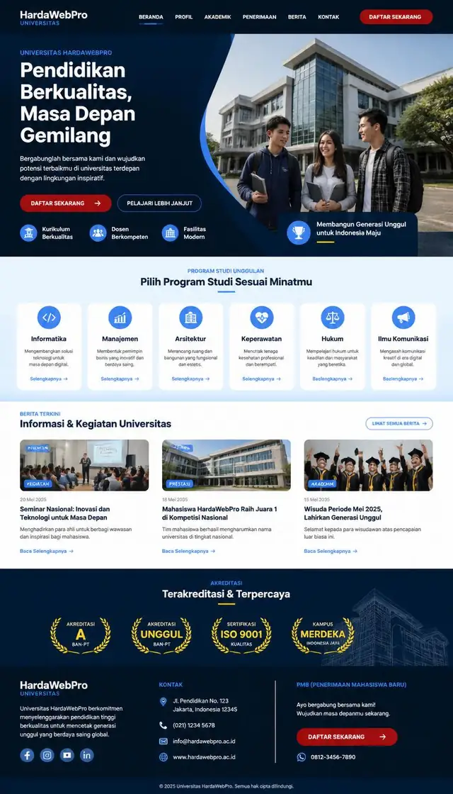 contoh full page website universitas tampilan desain modern dari header sampai footer