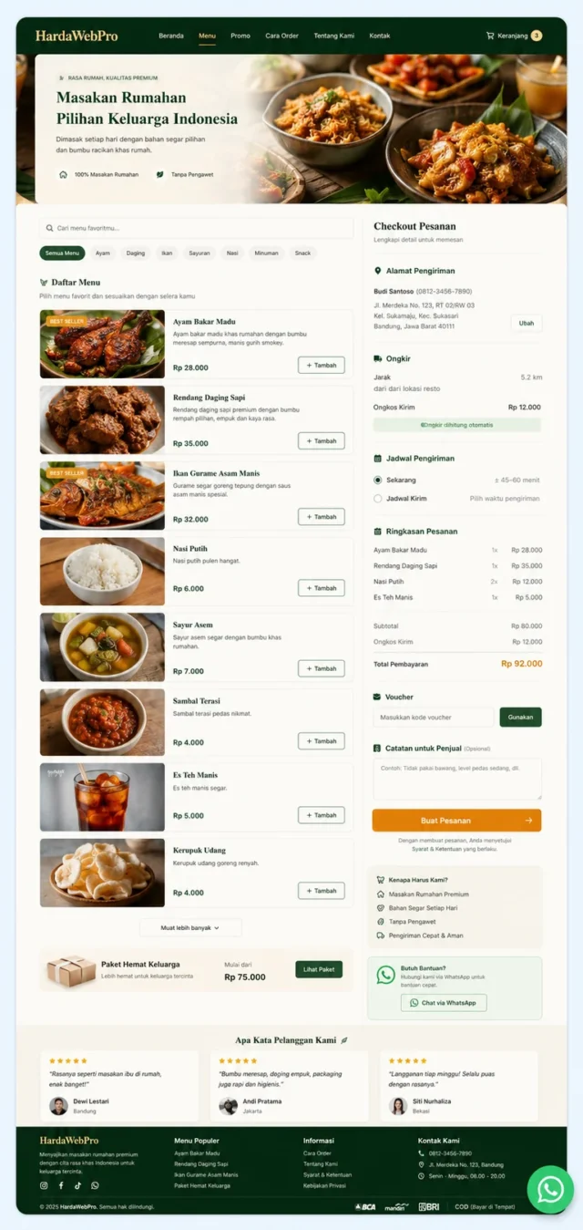 halaman menu dan checkout web pesan makanan online untuk resto lokal Indonesia
