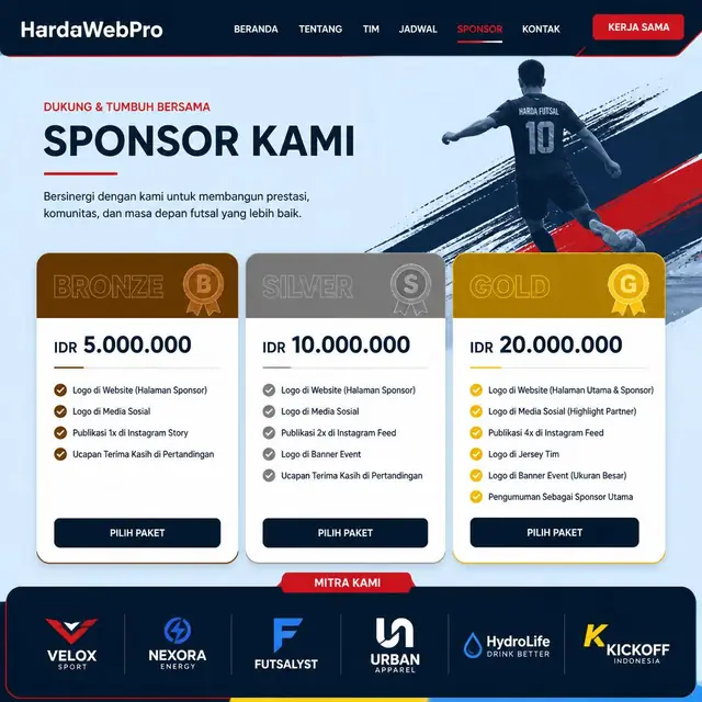 halaman sponsor pada contoh desain web klub bola futsal dengan tiga paket kerja sama halaman sponsor pada contoh desain web klub bola futsal dengan tiga paket kerja sama