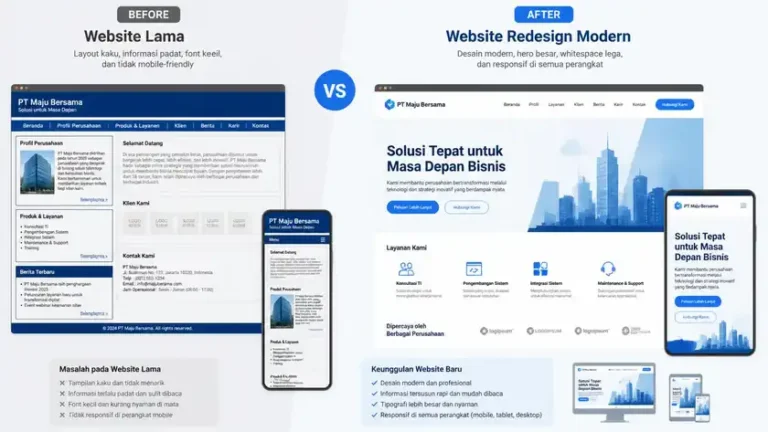 perbandingan tampilan lama dan hasil redesign website company profile modern