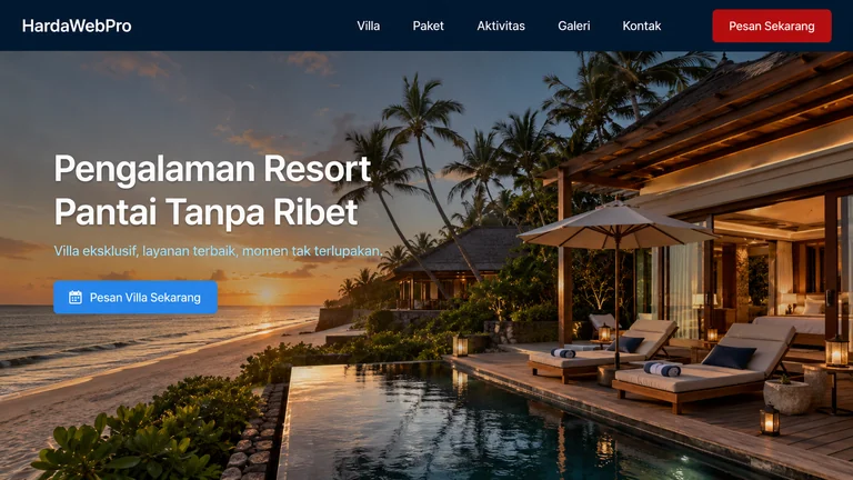 hero section dan header tampilan desain website perusahaan resort dengan CTA pesan villa hero section dan header tampilan desain website perusahaan resort dengan CTA pesan villa
